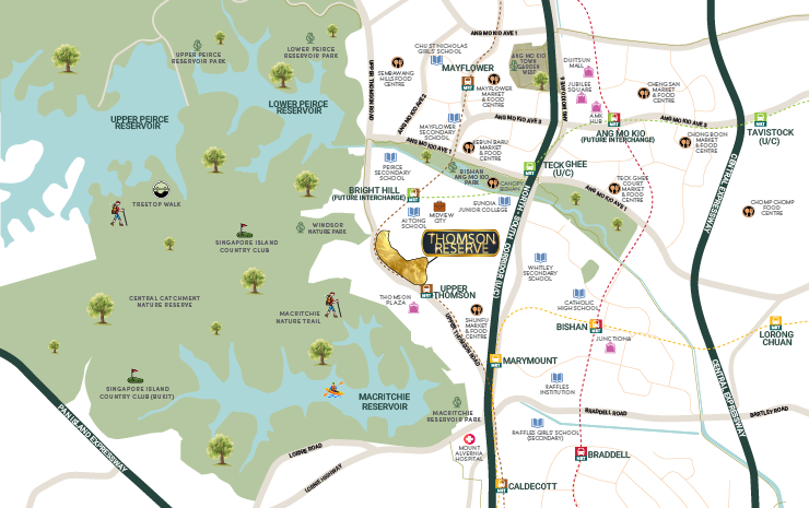 Map showing Thomson Reserve's location relative to nearby MRT stations, schools and amenities
